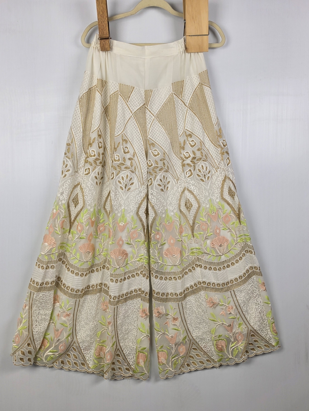Cream Embroidered Floral Wide Leg Flowy Palazzo Pants
